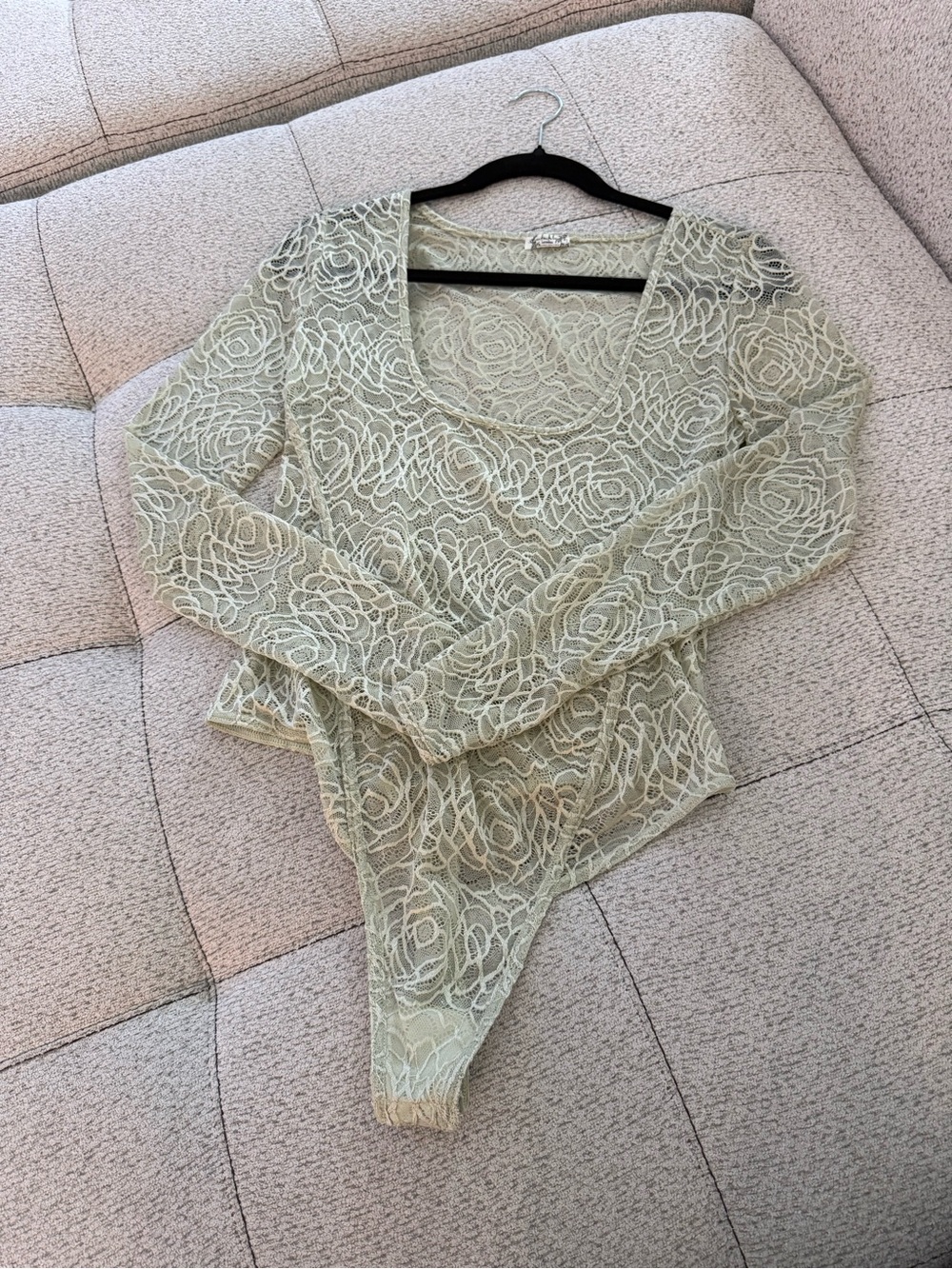Free People Sage Green Lace Long Sleeve Bodysuit